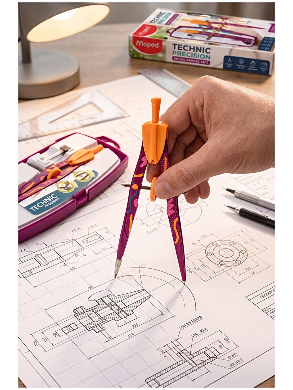 Mor Metal Pergel Seti 3 Parça 1 Adet Technic 291013 Precision Profesyonel Pergel Çizim Matemat-2