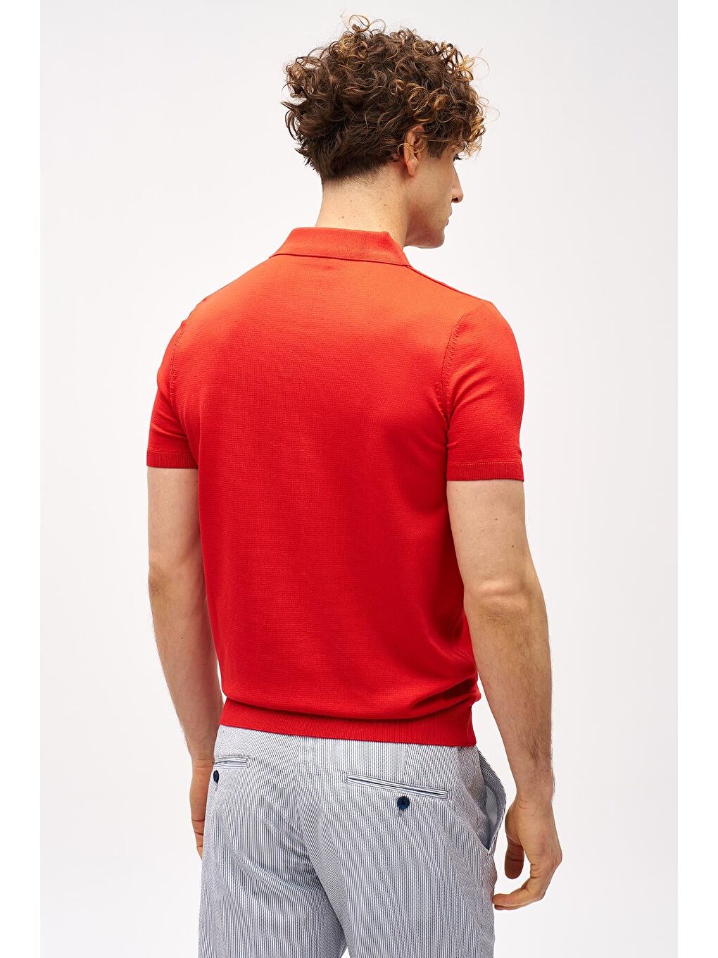 Kırmızı Dar Kalıp Polo Yaka Düz Kısa Kollu Triko Tişört-4