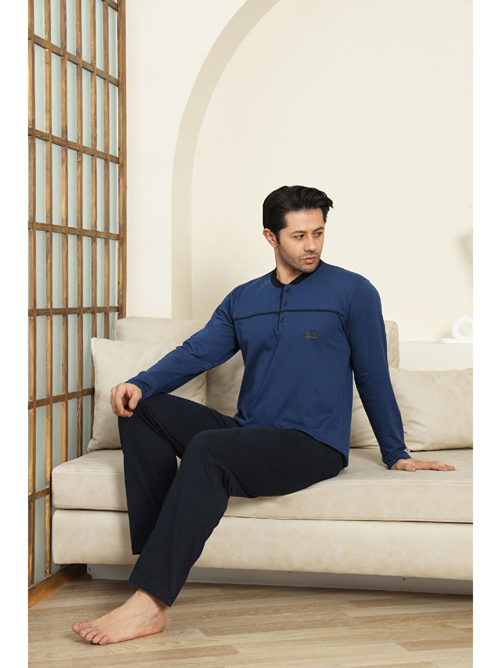 İndigo Erkek %100 Pamuklu Pijama Takımı-Robalı ve 3 Düğmeli-12489-1