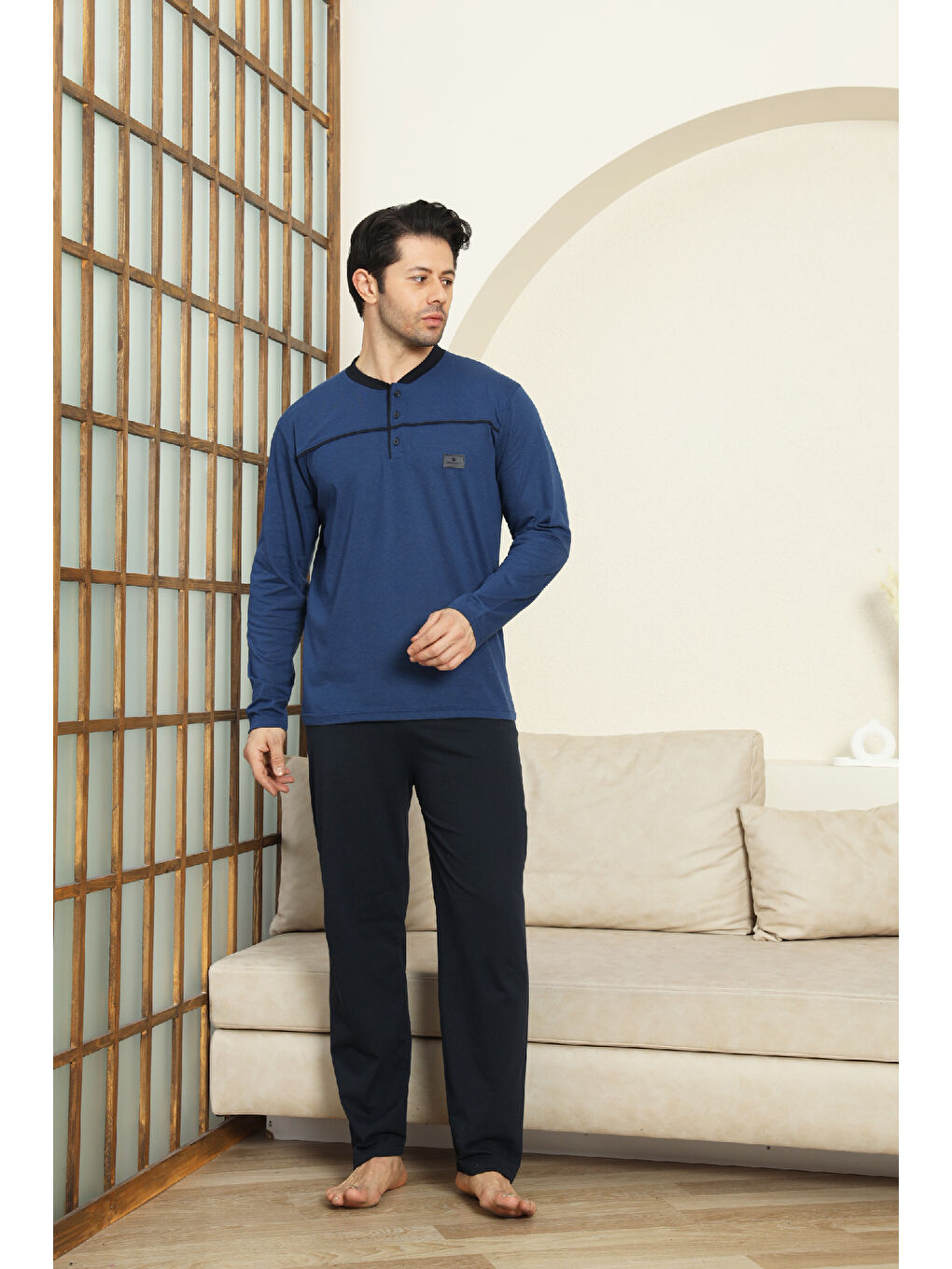 İndigo Erkek %100 Pamuklu Pijama Takımı-Robalı ve 3 Düğmeli-12489-2