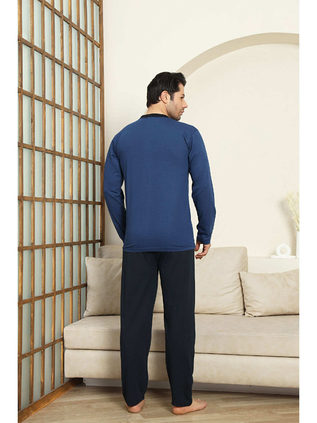 İndigo Erkek %100 Pamuklu Pijama Takımı-Robalı ve 3 Düğmeli-12489-3