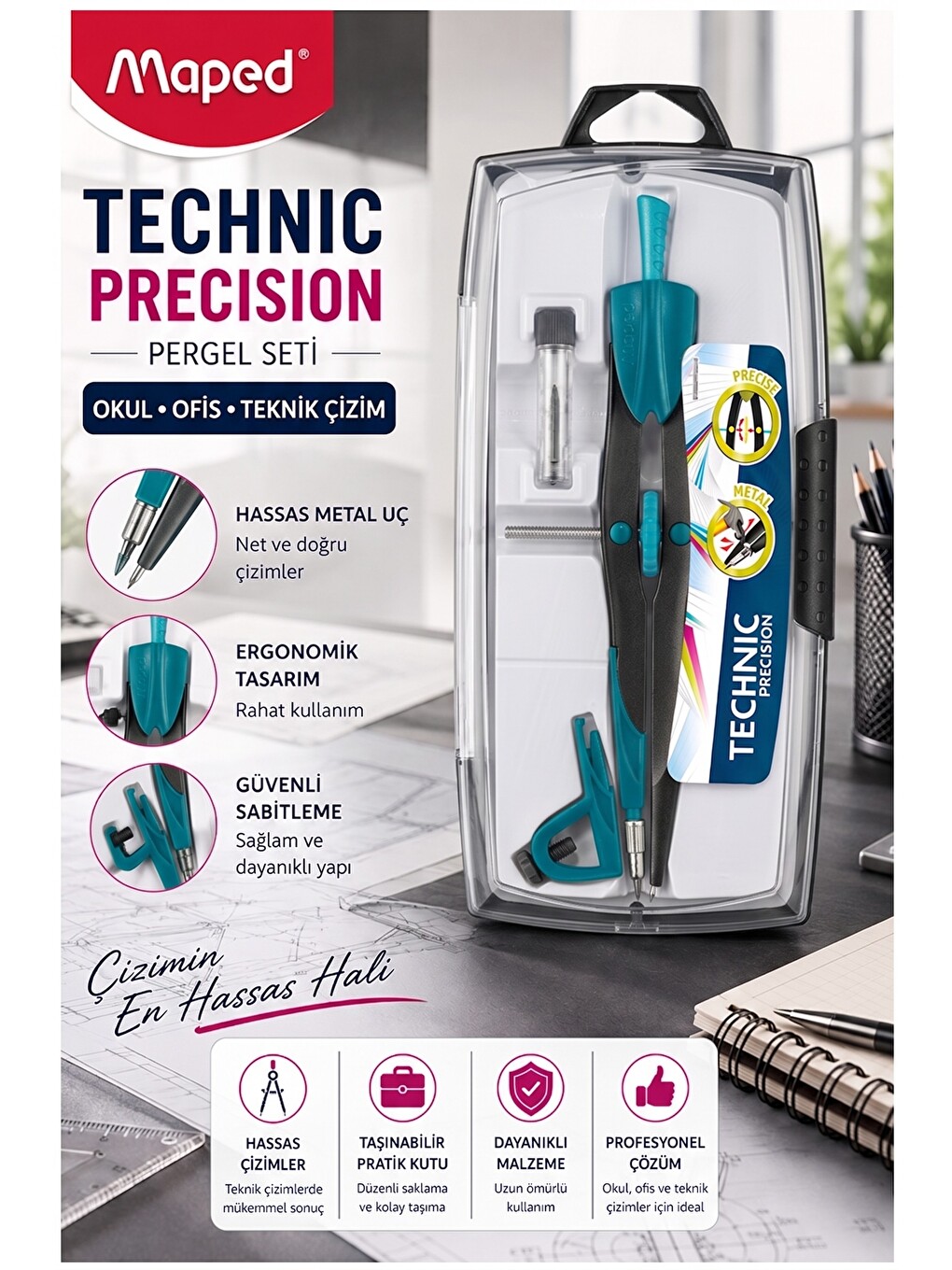 Mavi Metal Hassas Pergel Seti 3 Parça 1 Adet 291010 Technic Precision Profesyonel Pergel Proje
