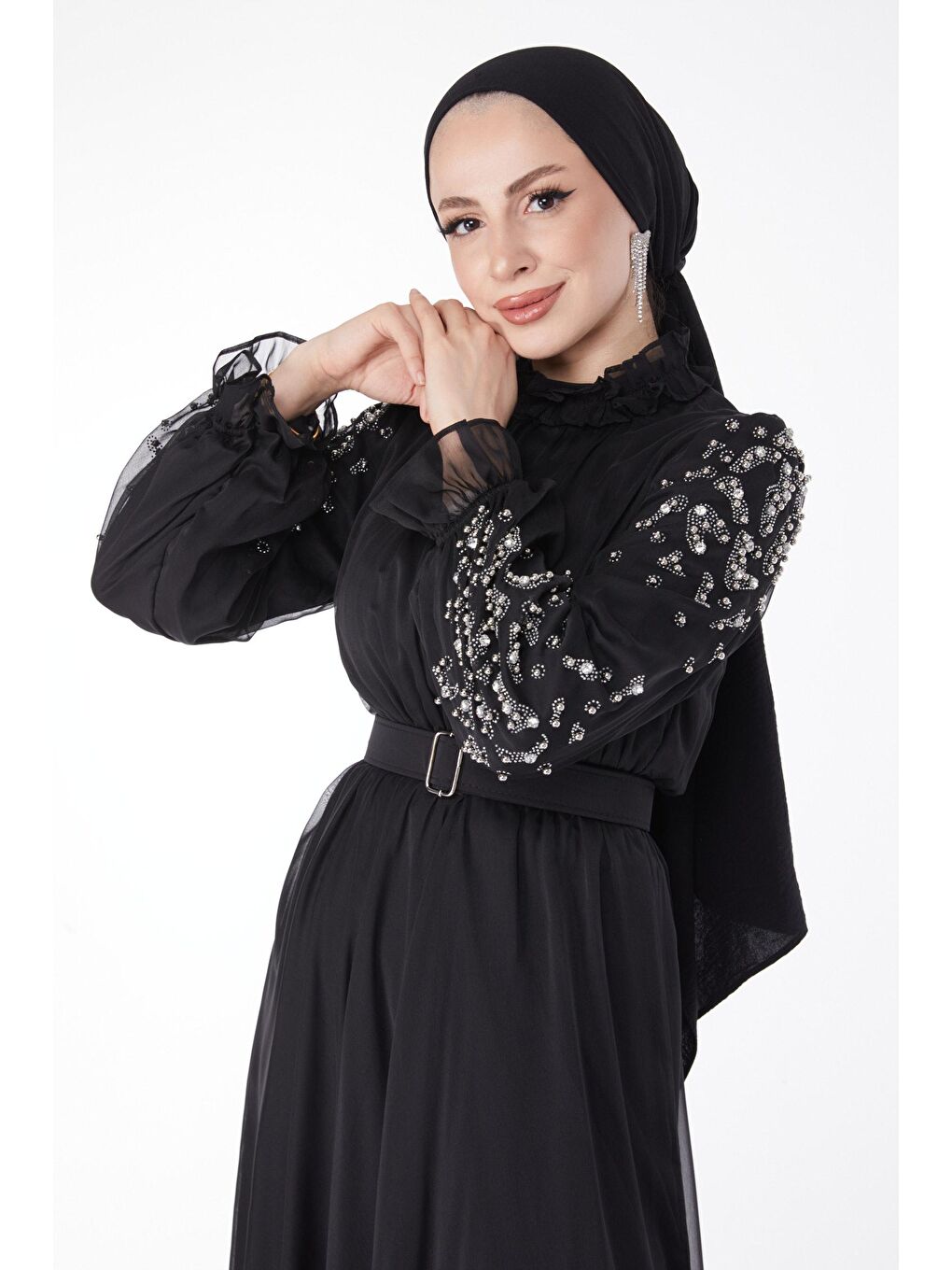 Düz Hakim Yaka Kadın Siyah Kol Ve Omuz Taş Detaylı Abiye Elbise - 24901
