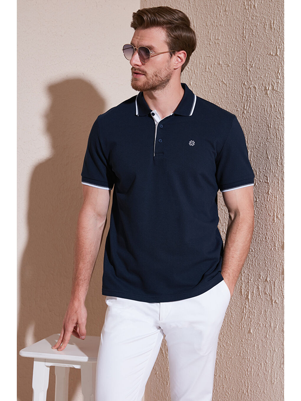 Lacivert Pamuklu Slim Fit Şerit Detaylı Düğmeli Polo Yaka 3'lü Paket T Shirt 5902118S3-2