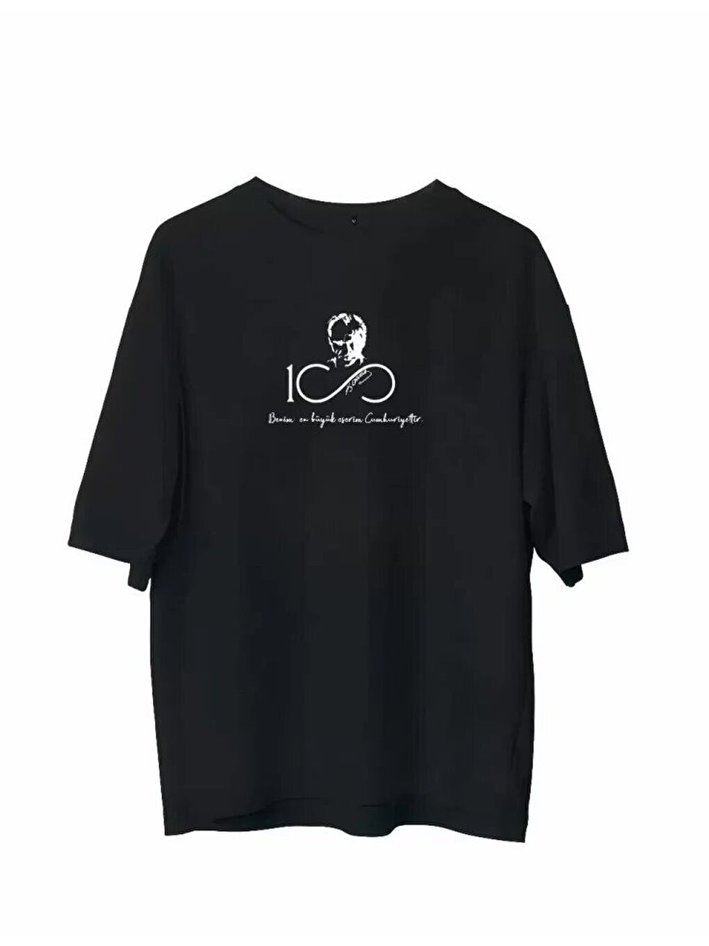 Unisex Bisiklet Yaka Baskılı Oversize T-Shirt - Siyah