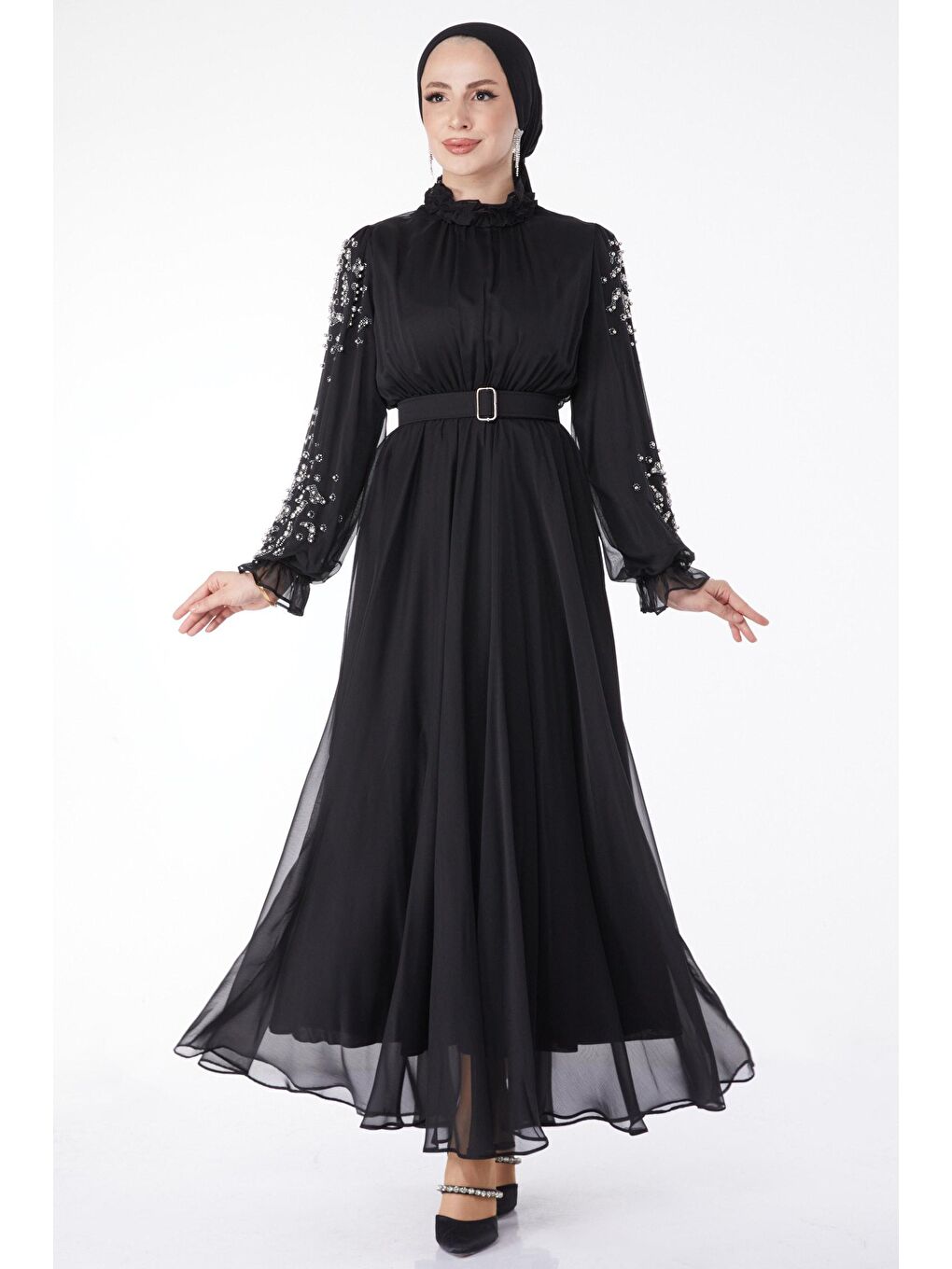Düz Hakim Yaka Kadın Siyah Kol Ve Omuz Taş Detaylı Abiye Elbise - 24901-1