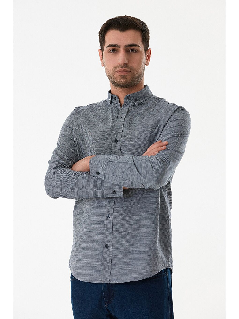 Lacivert Çizgili Düğmeli Gömlek