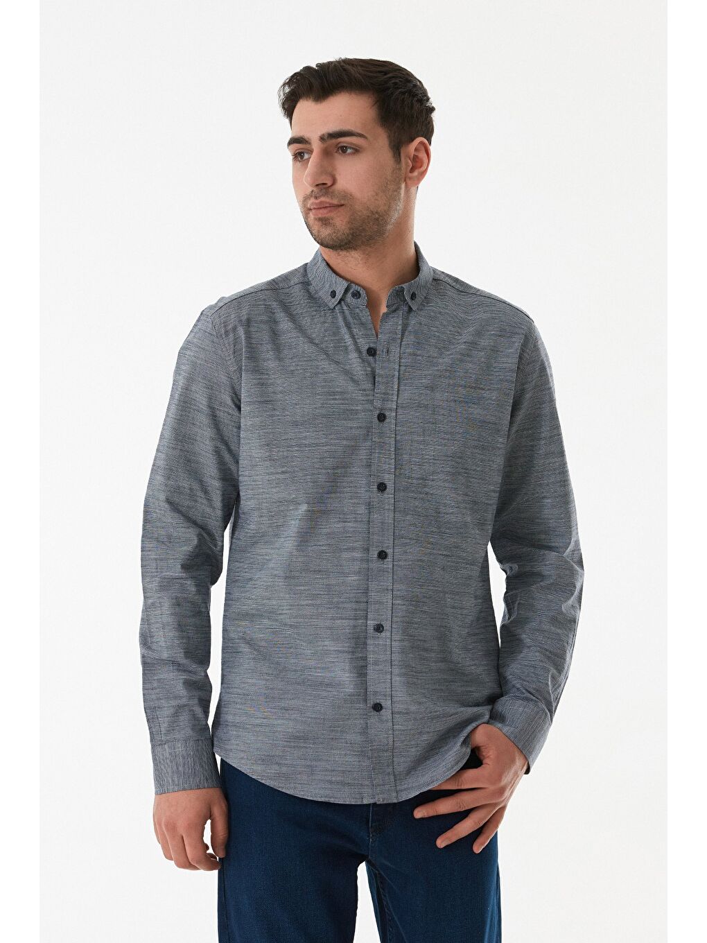 Lacivert Çizgili Düğmeli Gömlek-1