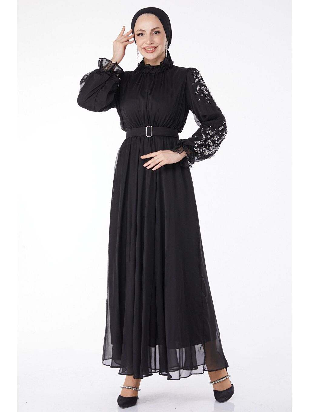 Düz Hakim Yaka Kadın Siyah Kol Ve Omuz Taş Detaylı Abiye Elbise - 24901-2