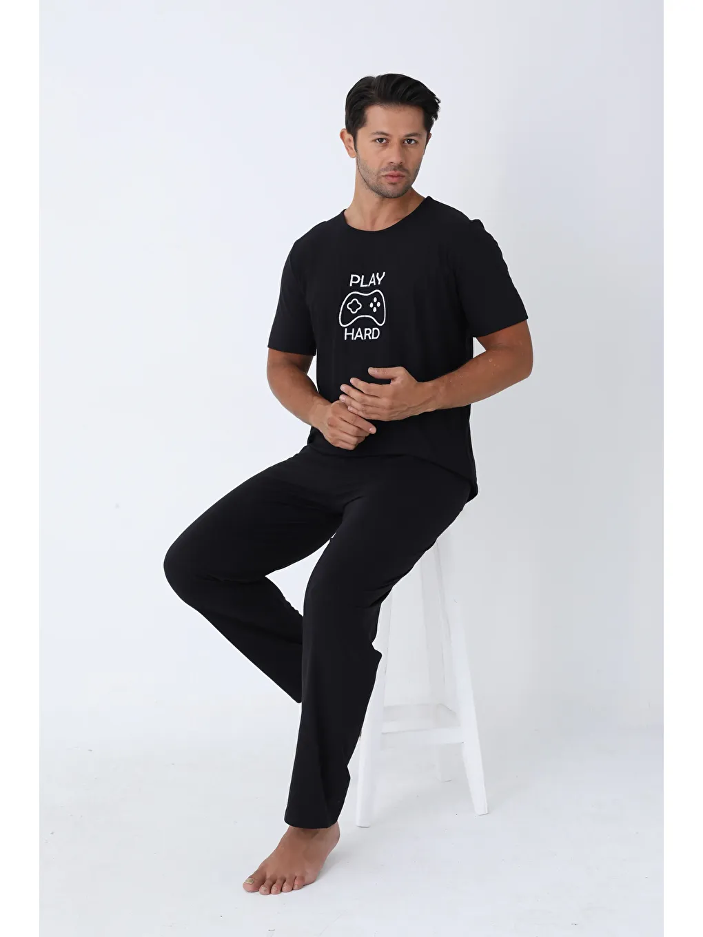 Siyah ERKEK KISA KOL ÖRME PİJAMA TAKIM 7503 - SİYAH