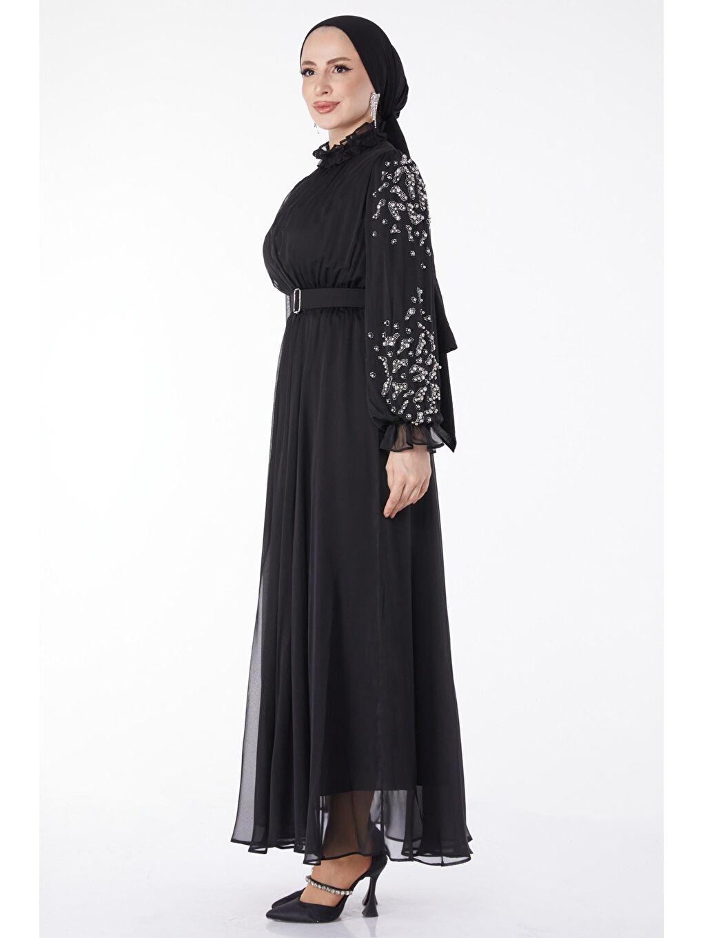 Düz Hakim Yaka Kadın Siyah Kol Ve Omuz Taş Detaylı Abiye Elbise - 24901-3