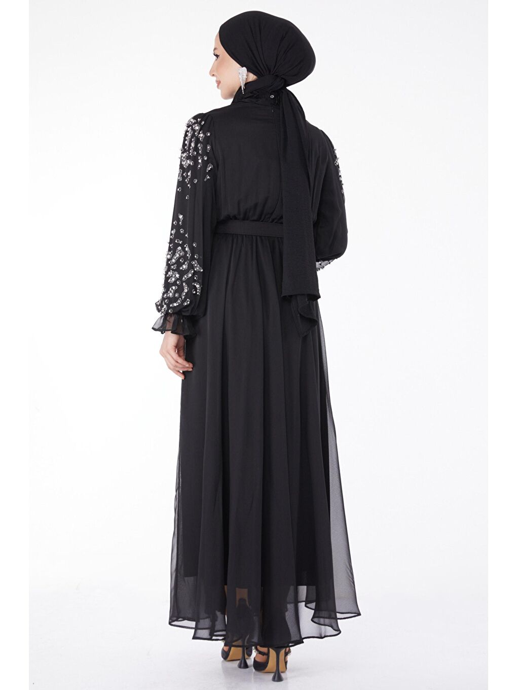 Düz Hakim Yaka Kadın Siyah Kol Ve Omuz Taş Detaylı Abiye Elbise - 24901-4