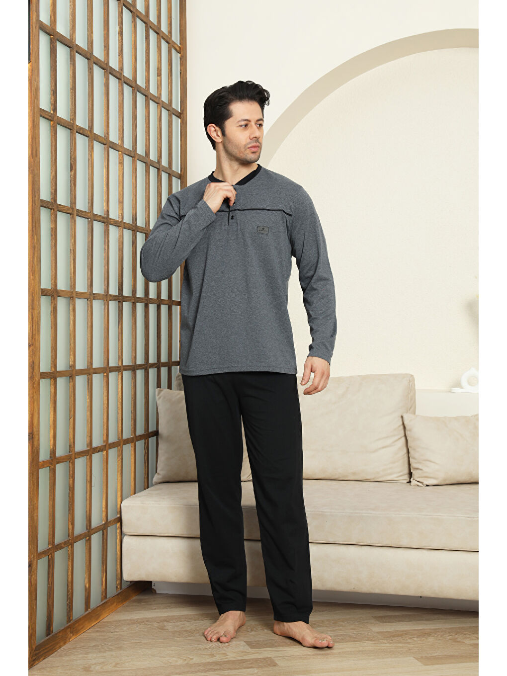 Gri Erkek %100 Pamuklu Pijama Takımı-Robalı ve 3 Düğmeli-12489-2