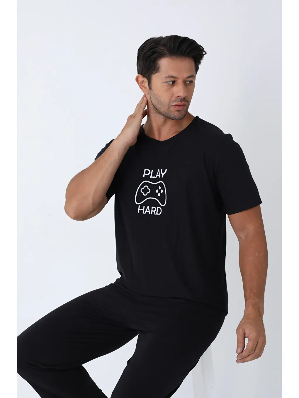 Siyah ERKEK KISA KOL ÖRME PİJAMA TAKIM 7503 - SİYAH-1