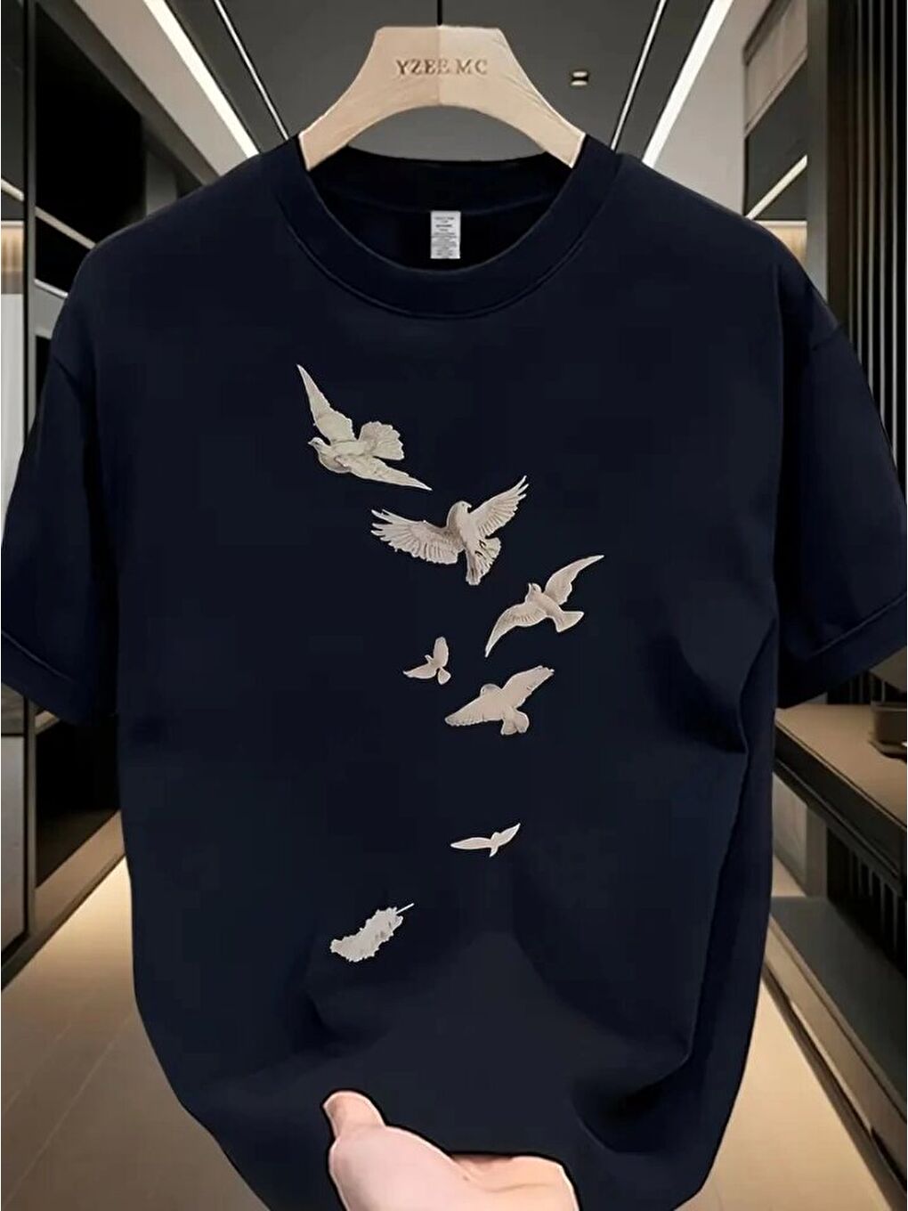 Siyah Baskılı Oversize Bisiklet Yaka T-shirt - Beyaz