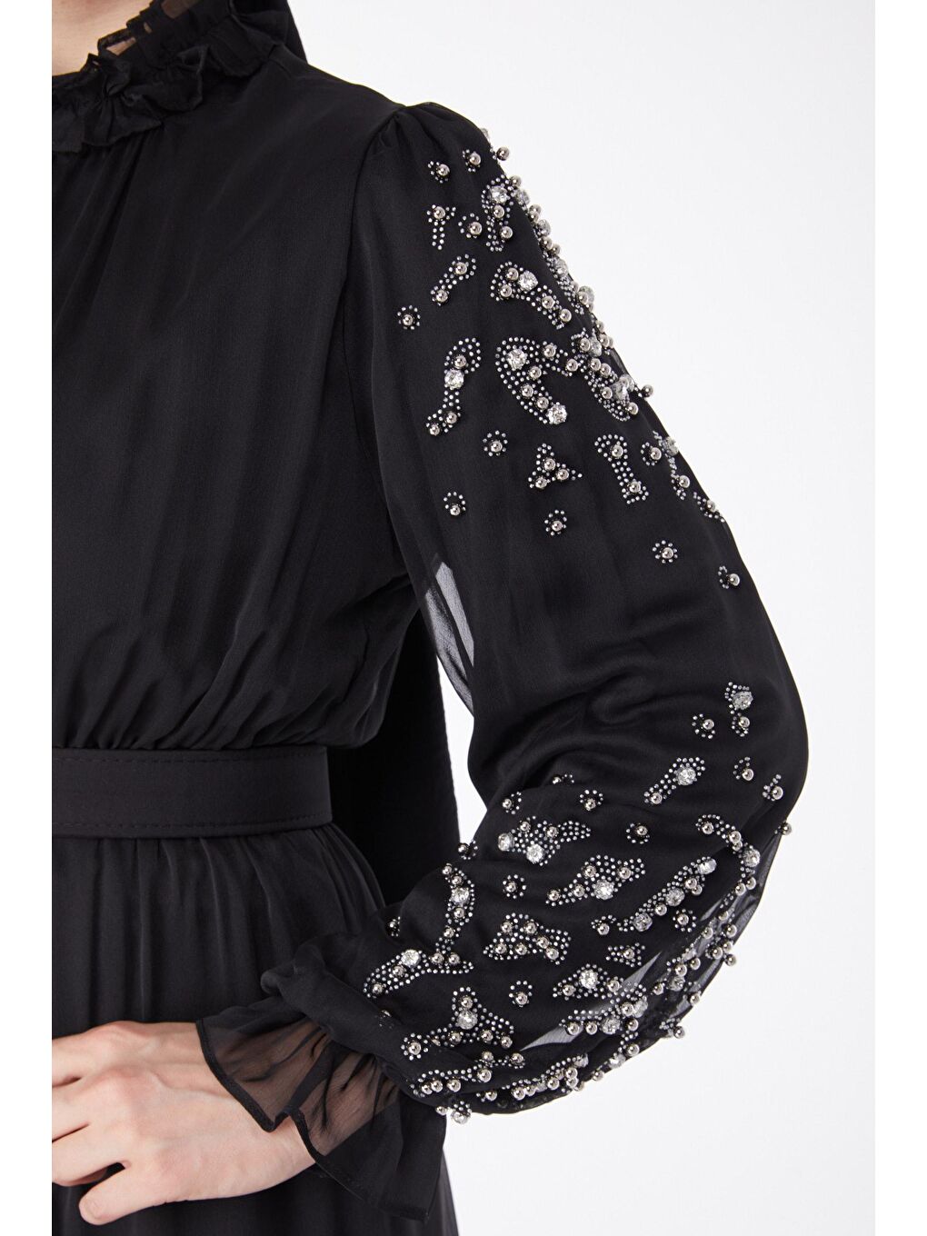 Düz Hakim Yaka Kadın Siyah Kol Ve Omuz Taş Detaylı Abiye Elbise - 24901-5