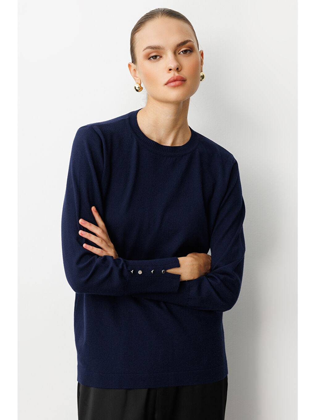 Kol Düğmeli Lacivert Yuvarlak Yaka İnce Triko Kazak-2