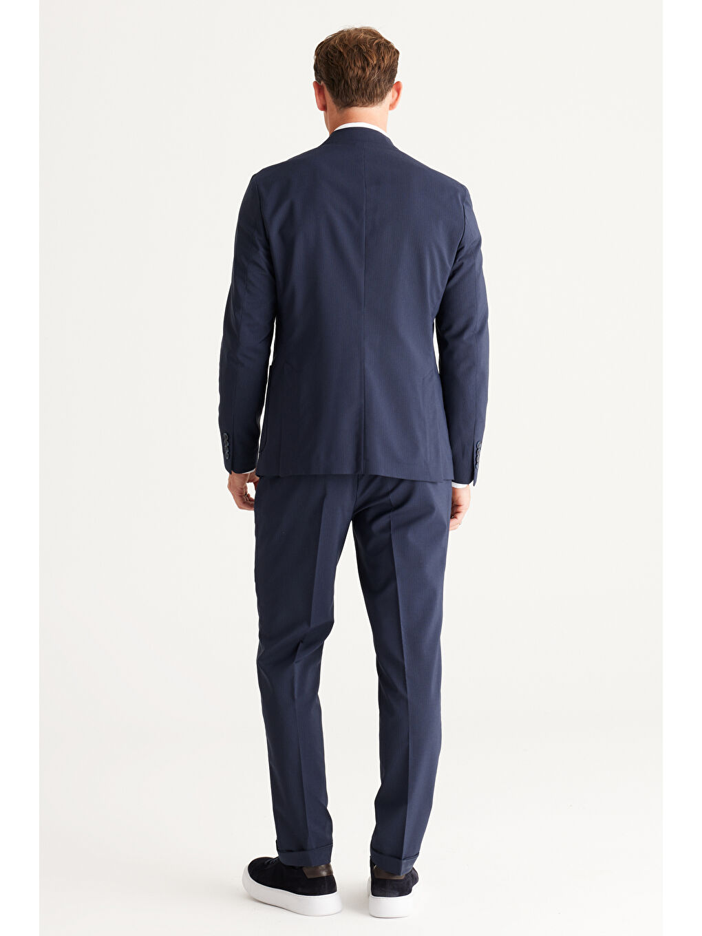 Erkek Lacivert Slim Fit Dar Kesim Kırlangıç Yaka Çizgili Takım Elbise-7