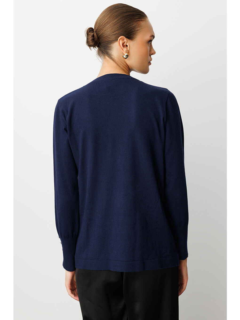 Kol Düğmeli Lacivert Yuvarlak Yaka İnce Triko Kazak-4