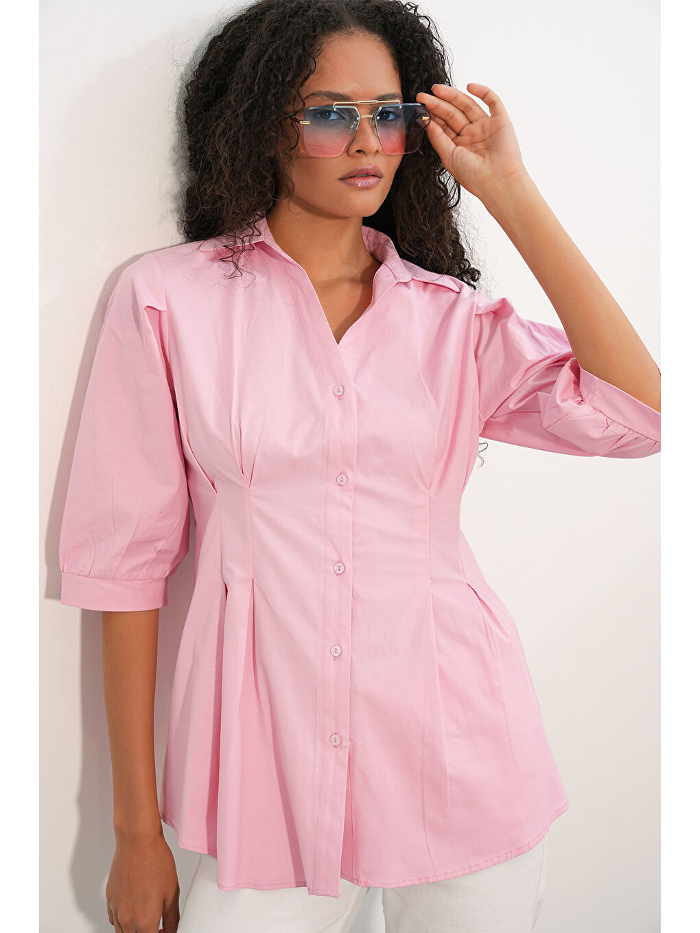 Kadın Uzun Belden Oturtmalı Gömlek 20383 - Pembe