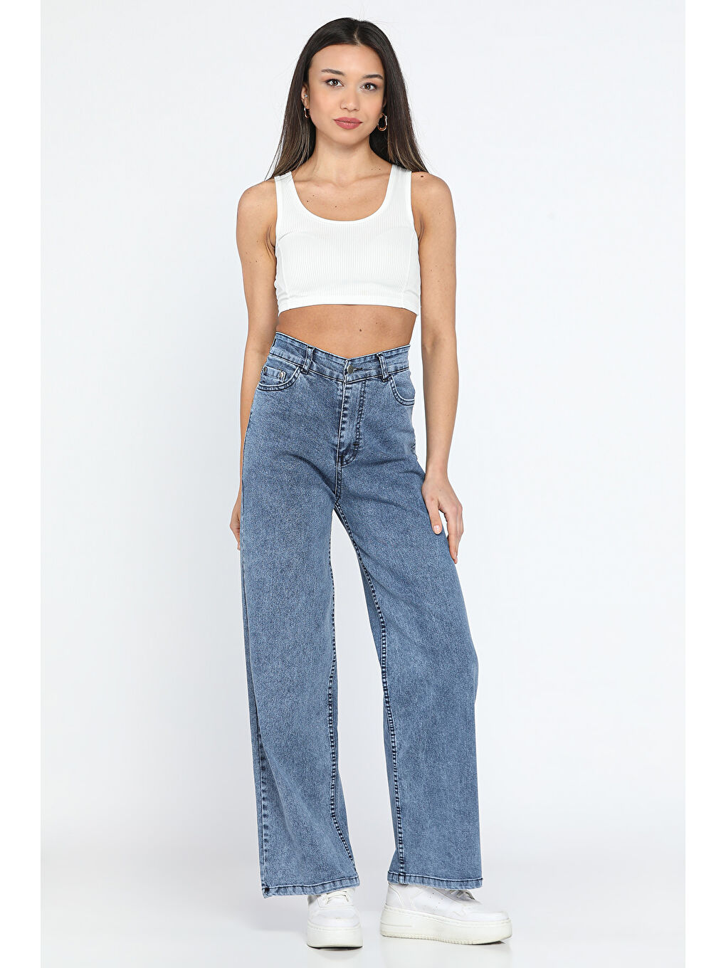 Mavi Yüksek Bel Elastanlı Kadın Palazzo Jean Pantolon