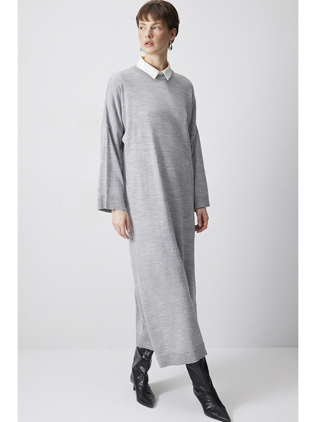 Gri Oversıze Triko Elbise-2