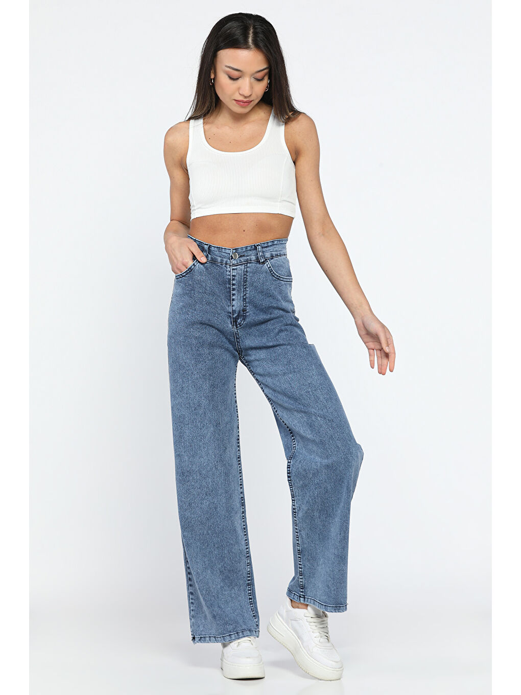 Mavi Yüksek Bel Elastanlı Kadın Palazzo Jean Pantolon-1