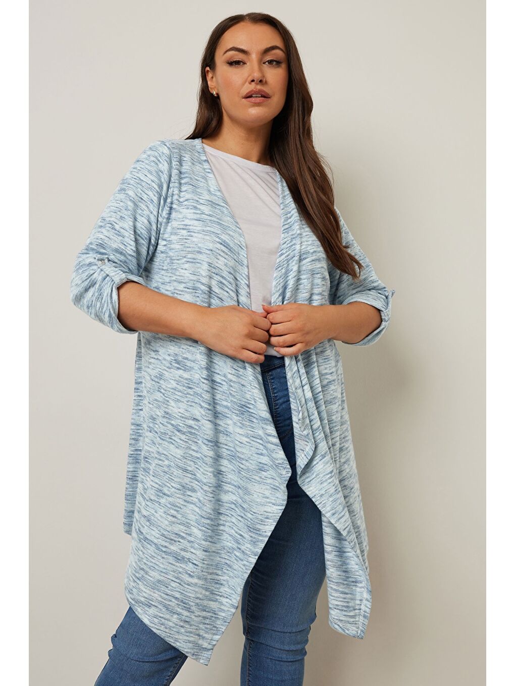 Mavi Büyük Beden Uzun Kollu Önü Kapamasız Asimetrik Kesim İnce Hırka 304057-3