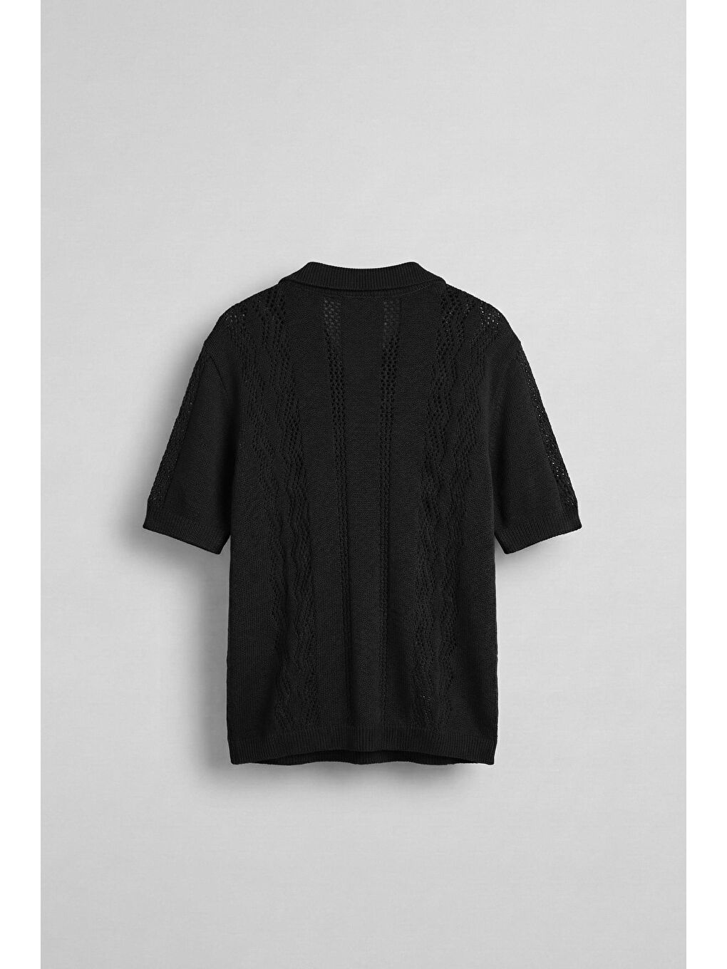 Erkek Oversize Yarım Pat Polo Yaka Desenli Örme T-Shirt Siyah-1