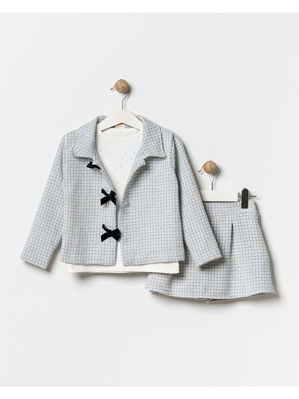 Kız Çocuk Pamuklu Mavi Dokulu Ceketli Etek Takım – T-Shirt Dahil 3'Lü-1