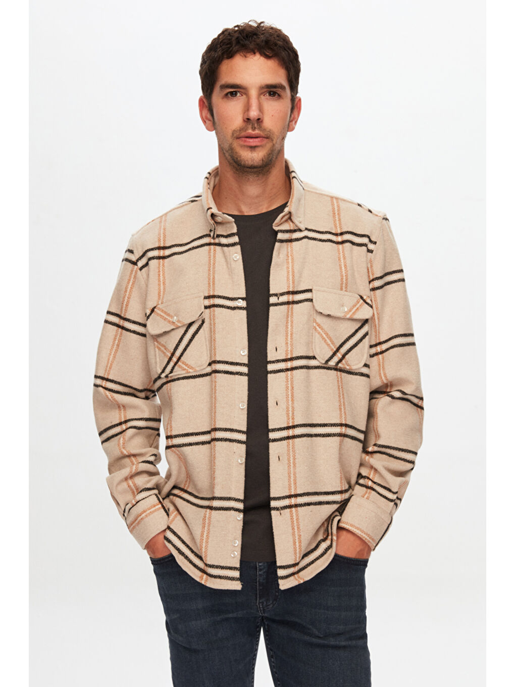 Regular Fit Açık Kahverengi Ekose Oduncu Gömlek-1