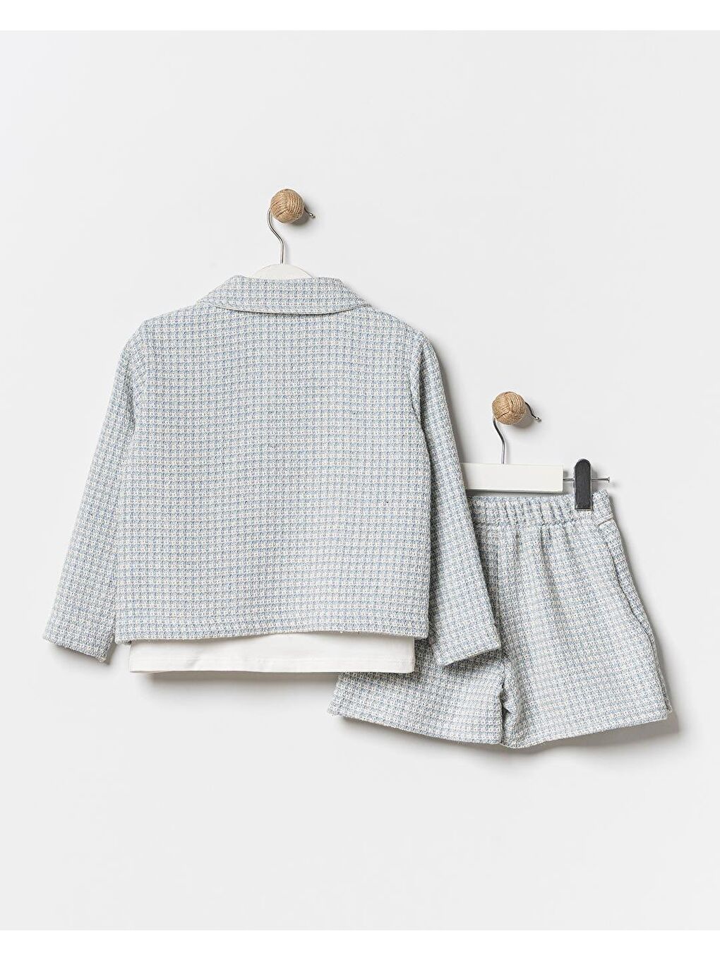 Kız Çocuk Pamuklu Mavi Dokulu Ceketli Etek Takım – T-Shirt Dahil 3'Lü-5