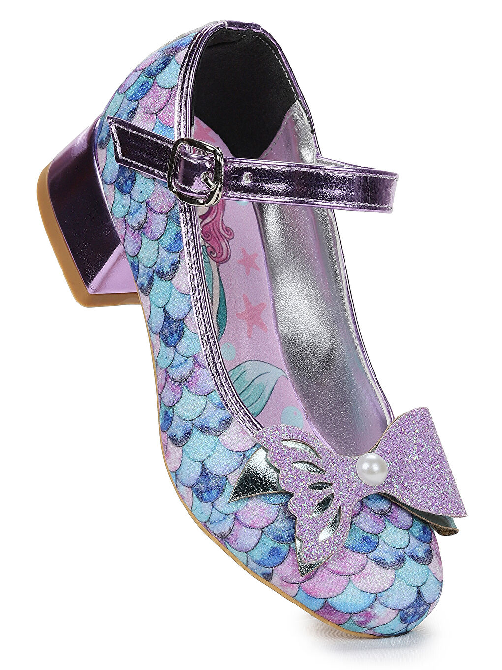 Lila Deniz Kızı İnci Fiyonklu Simli Kız Çocuk Topuklu Abiye Ayakkabı