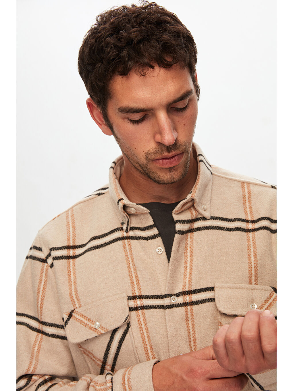 Regular Fit Açık Kahverengi Ekose Oduncu Gömlek-2