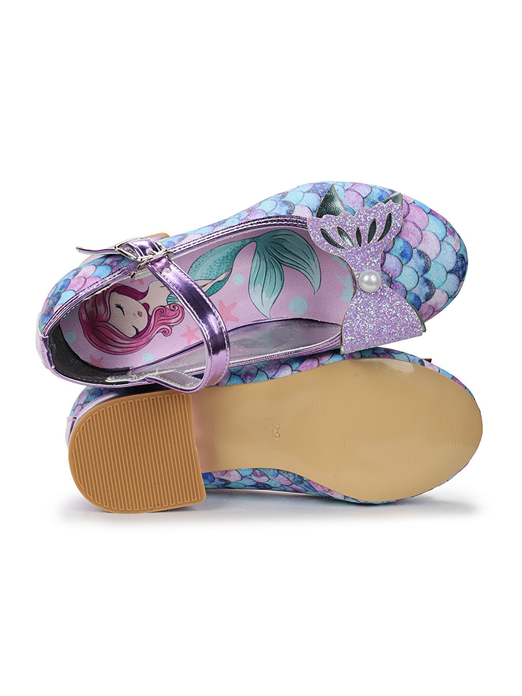 Lila Deniz Kızı İnci Fiyonklu Simli Kız Çocuk Topuklu Abiye Ayakkabı-4