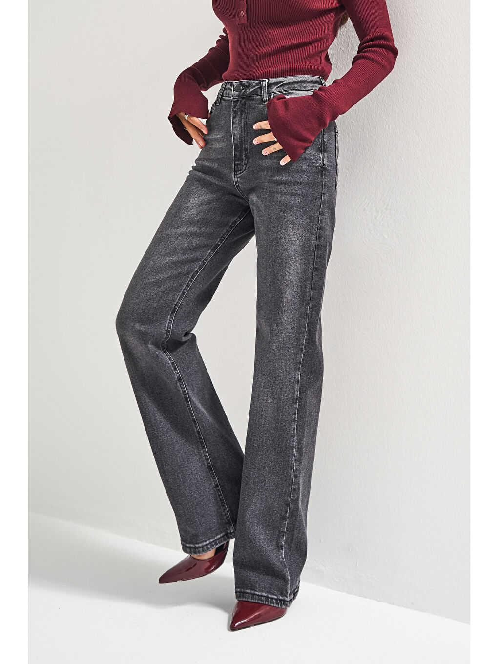 Gri Kadın Füme Renk 2w5-1 Straight Fit Yüksek Bel Esnek Elastan Kumaş Denim Jean-3