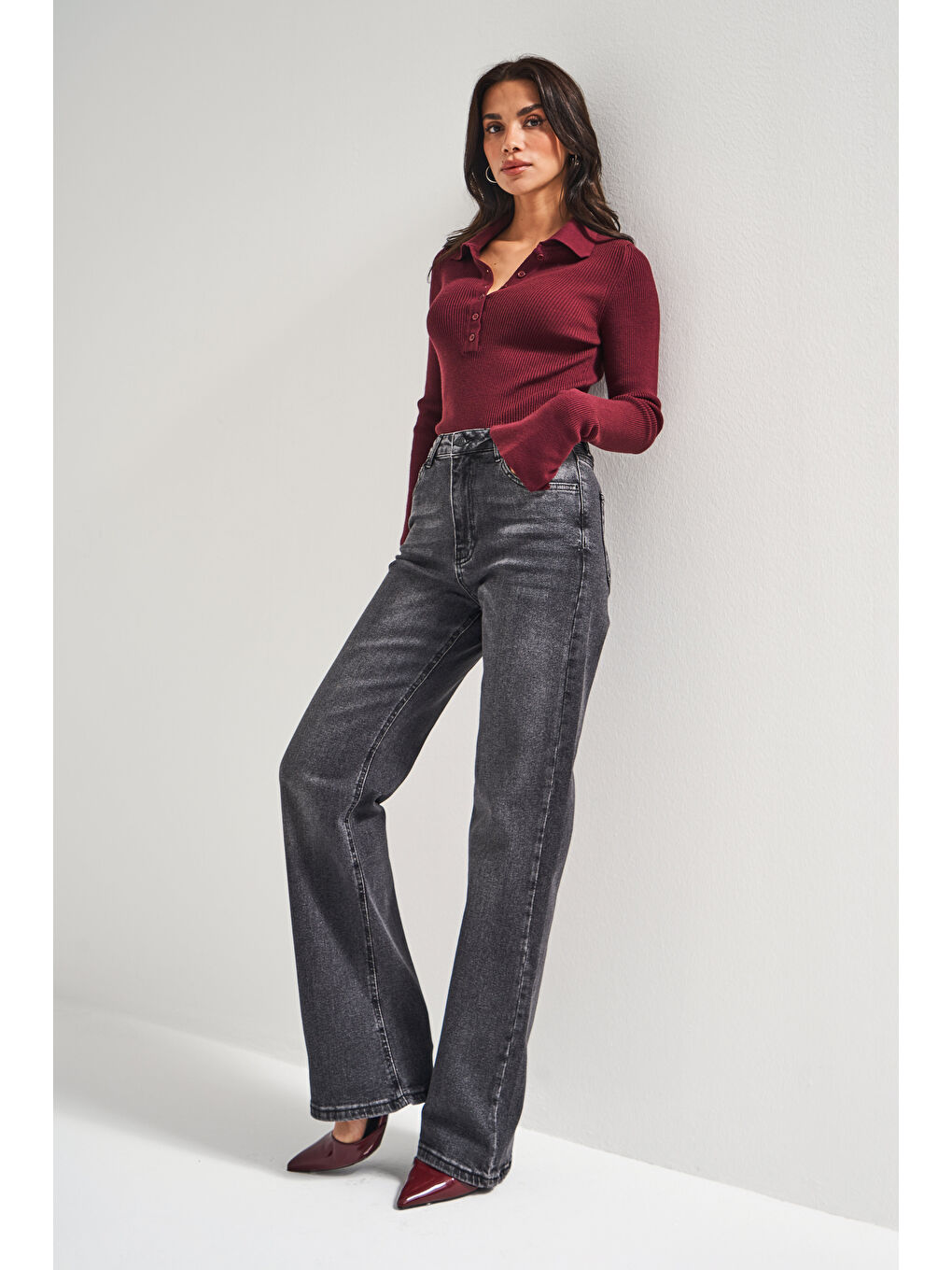 Gri Kadın Füme Renk 2w5-1 Straight Fit Yüksek Bel Esnek Elastan Kumaş Denim Jean-4