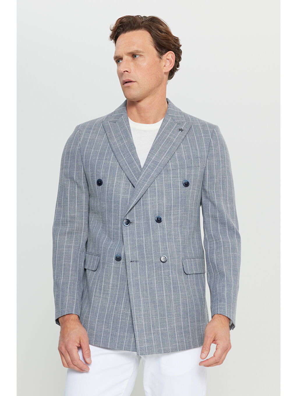 Erkek Lacivert Pamuklu Slim Fit Dar Kesim Kırlangıç Yaka Çizgili Esnek Blazer Ceket