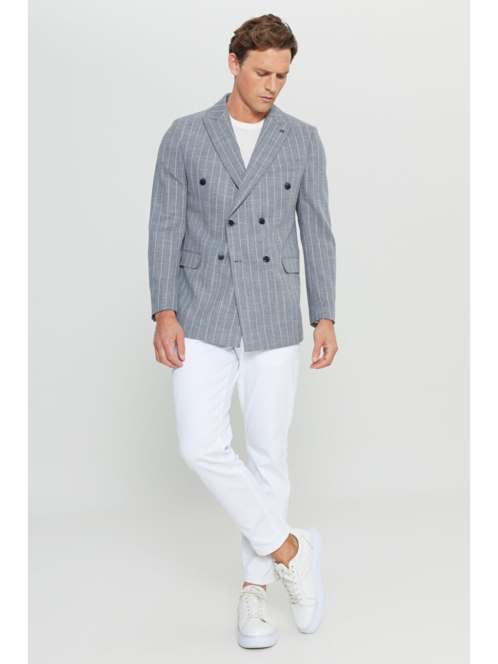 Erkek Lacivert Pamuklu Slim Fit Dar Kesim Kırlangıç Yaka Çizgili Esnek Blazer Ceket-1