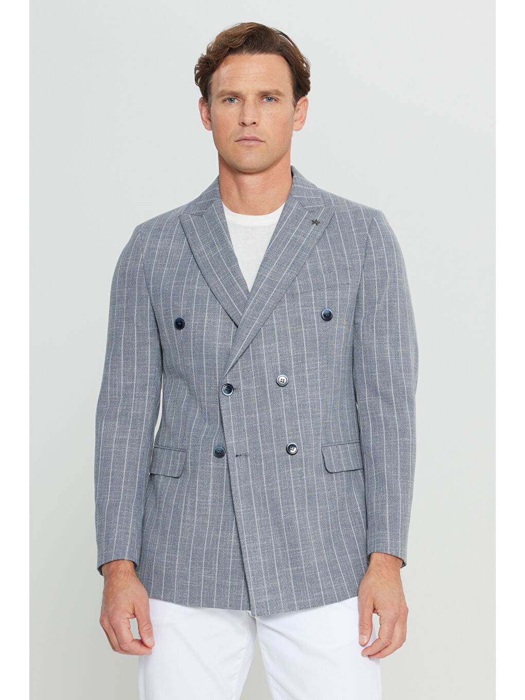 Erkek Lacivert Pamuklu Slim Fit Dar Kesim Kırlangıç Yaka Çizgili Esnek Blazer Ceket-2