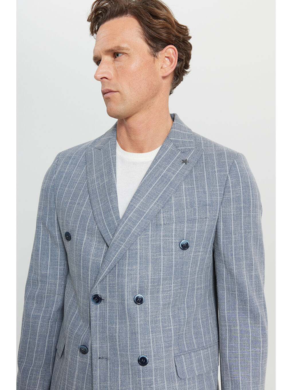 Erkek Lacivert Pamuklu Slim Fit Dar Kesim Kırlangıç Yaka Çizgili Esnek Blazer Ceket-3