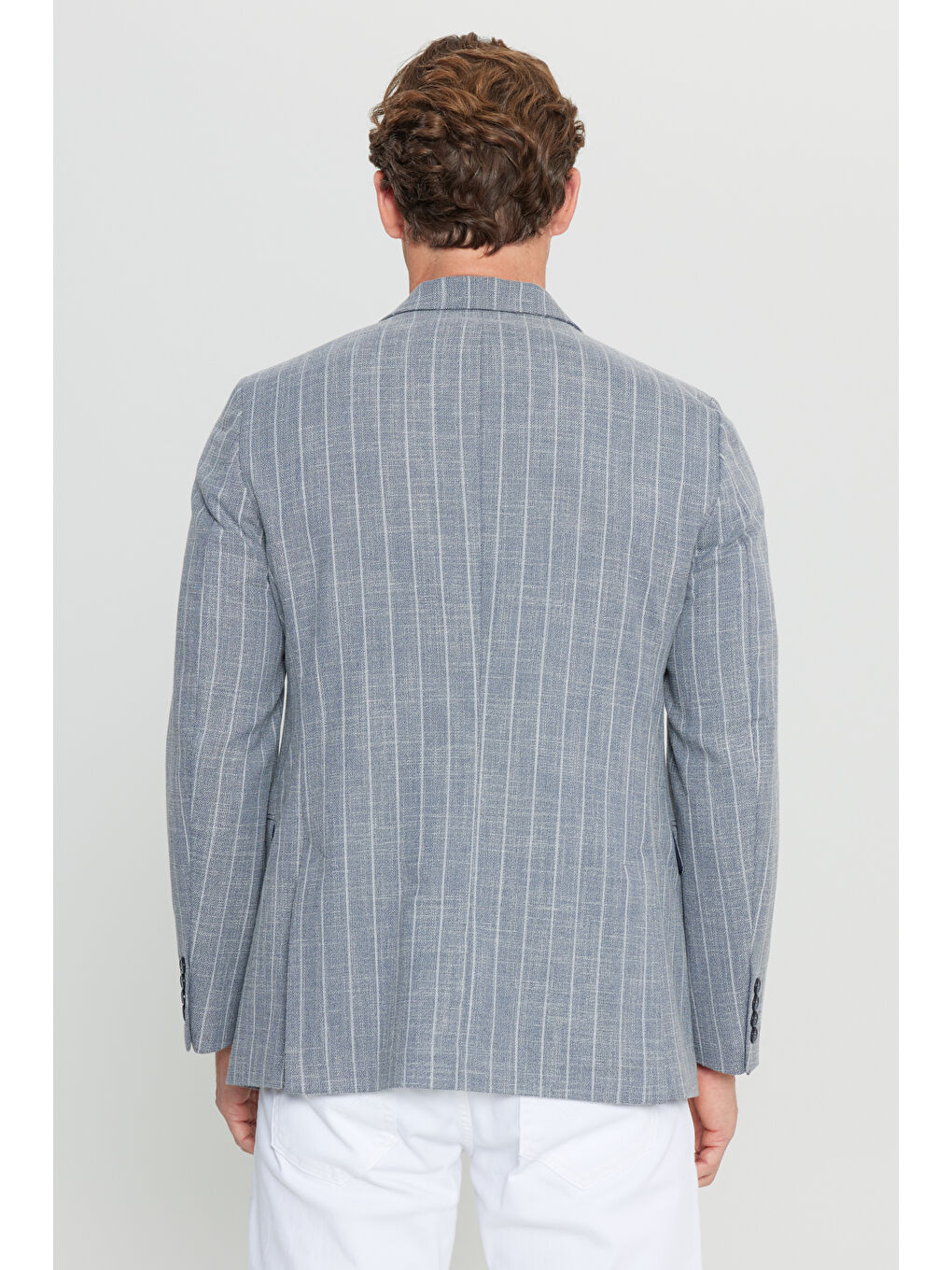 Erkek Lacivert Pamuklu Slim Fit Dar Kesim Kırlangıç Yaka Çizgili Esnek Blazer Ceket-5
