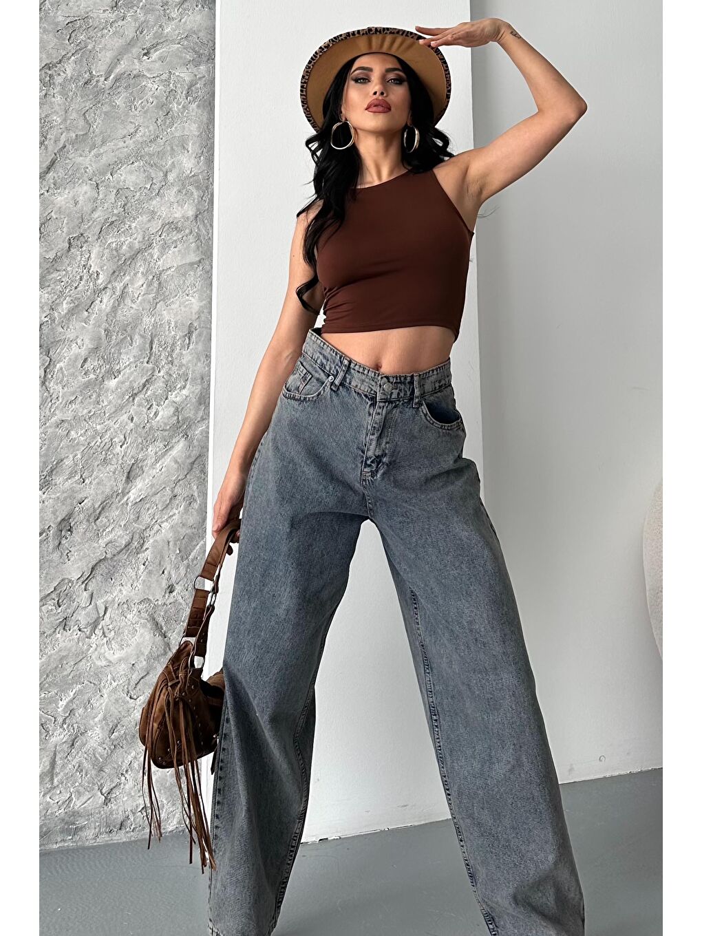 Kahverengi Kar Yıkamalı Baggy Jean Pantolon Kahve Tint Yikama - 27269-1