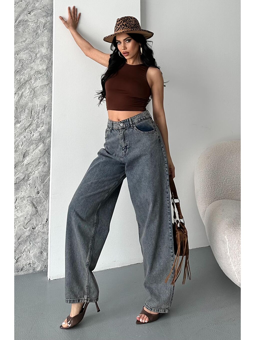 Kahverengi Kar Yıkamalı Baggy Jean Pantolon Kahve Tint Yikama - 27269-2