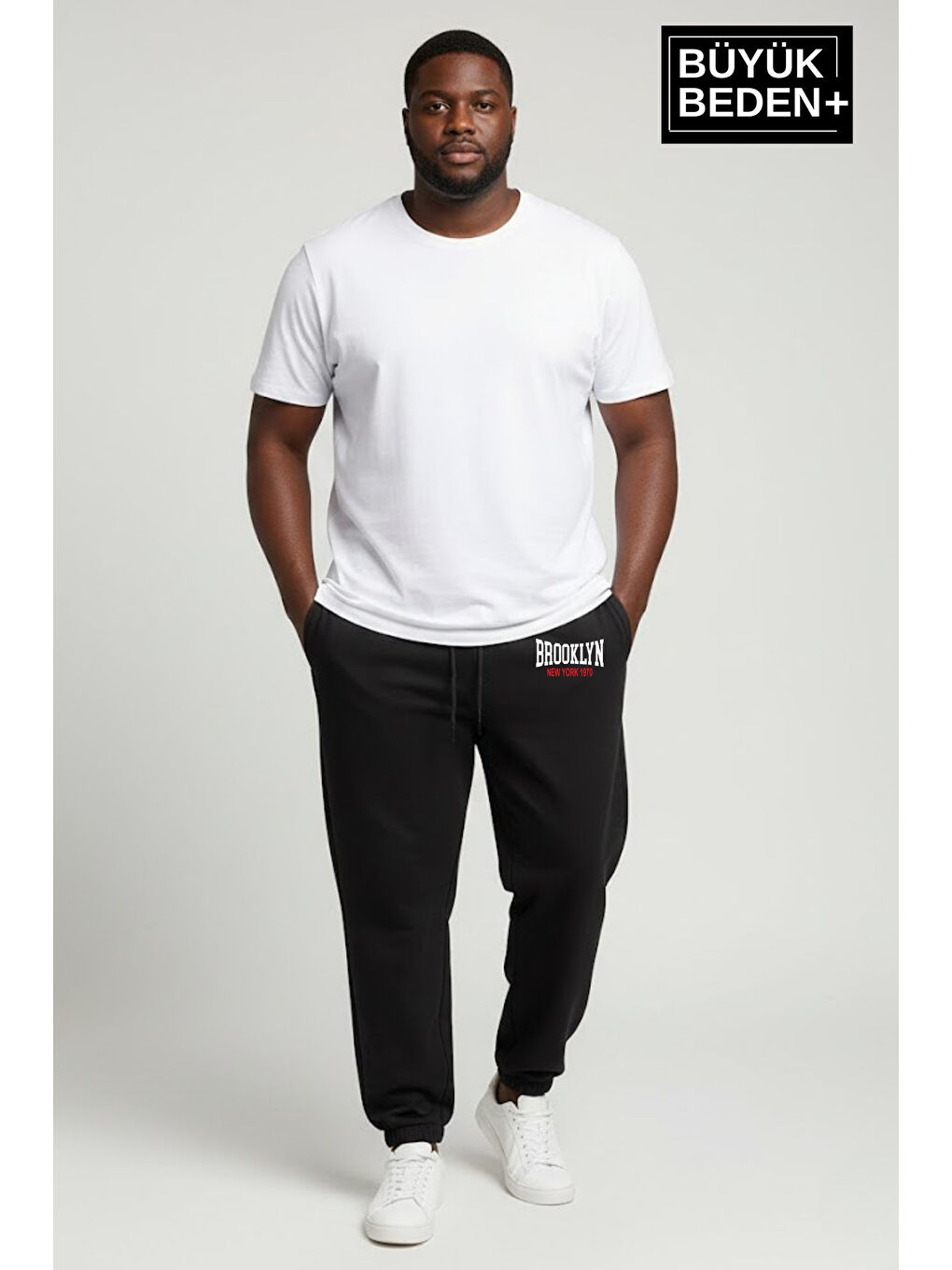 Siyah Erkek Büyük Beden BROOKLYN 1970 Baskılı Paça Lastikli Jogger İnce Eşofman Altı SPR26BEA951-3