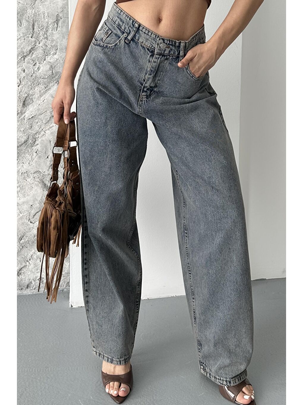 Kahverengi Kar Yıkamalı Baggy Jean Pantolon Kahve Tint Yikama - 27269-3