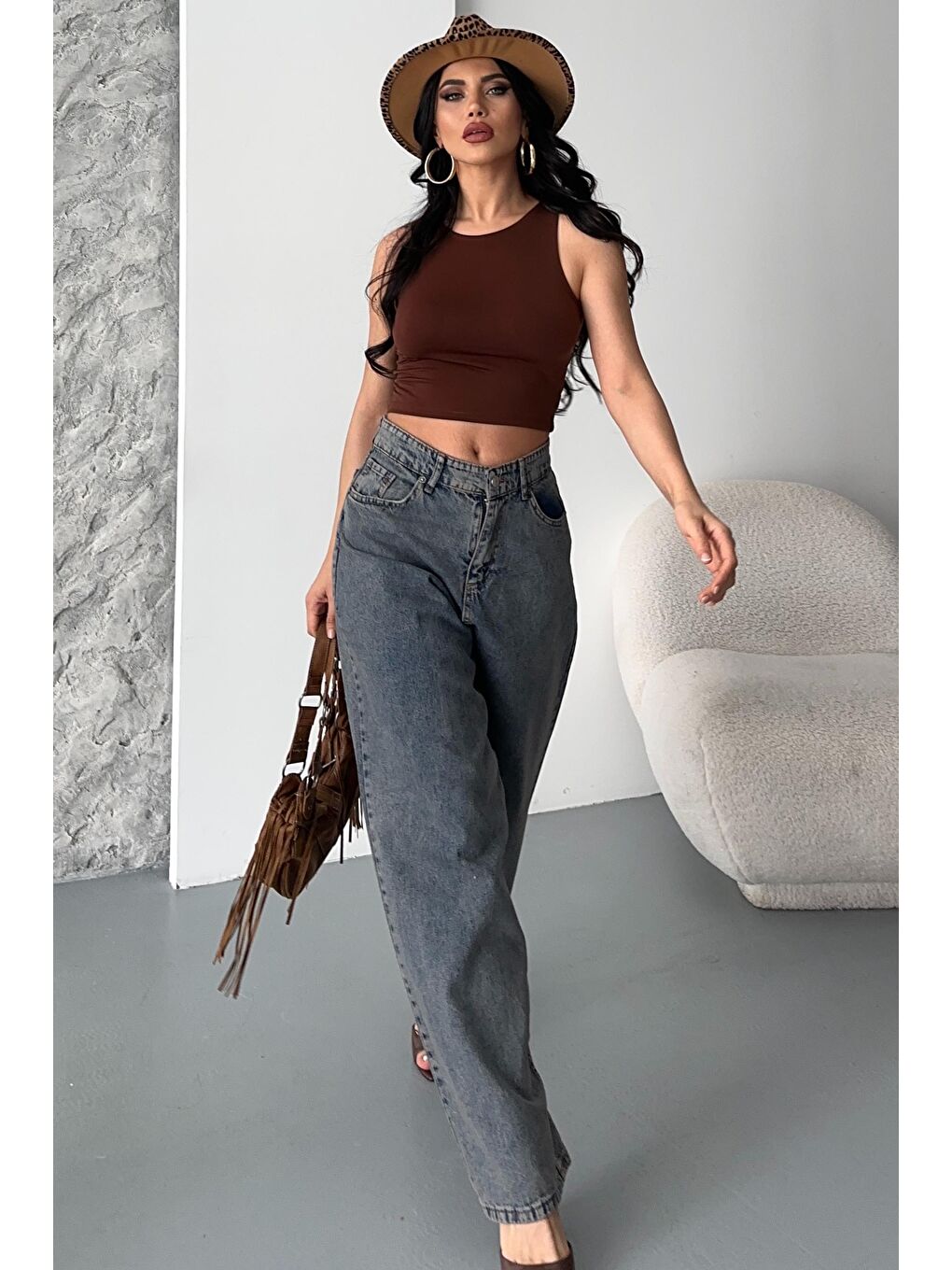 Kahverengi Kar Yıkamalı Baggy Jean Pantolon Kahve Tint Yikama - 27269-4