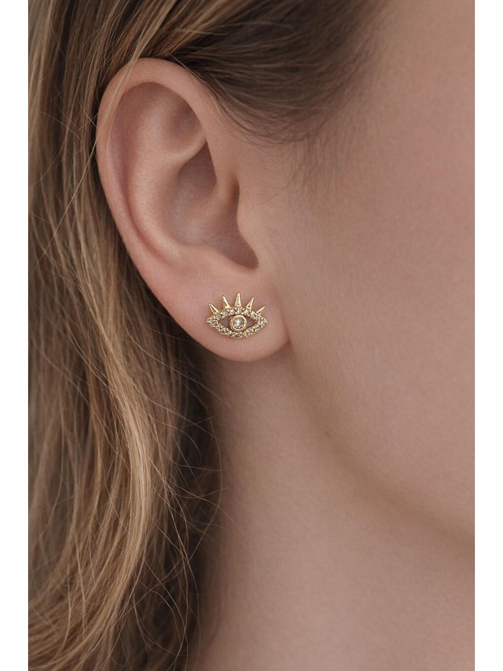 Sarı Nazar Göz Gömme Taşlı Çivi Küpe