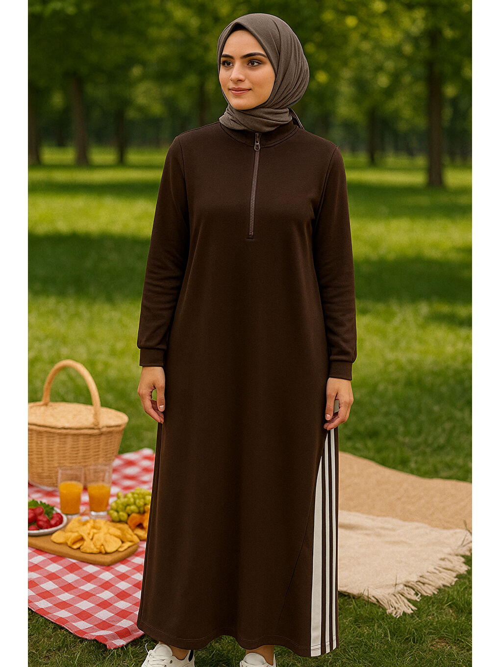 Şerit Detay Uzun Elbise 31472 Kahverengi