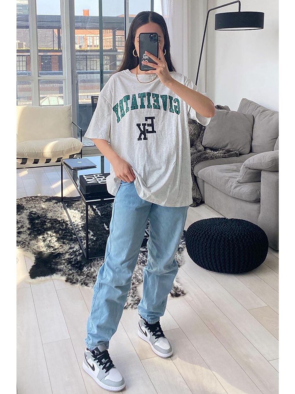 Kadın Gri Baskılı Oversize Tişört Mg1318-5